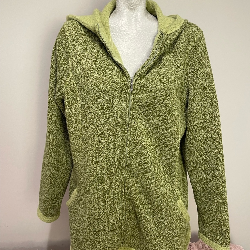 J Jill/Pure Jill Heathered Green zip up hoodie fleece jacket, size L